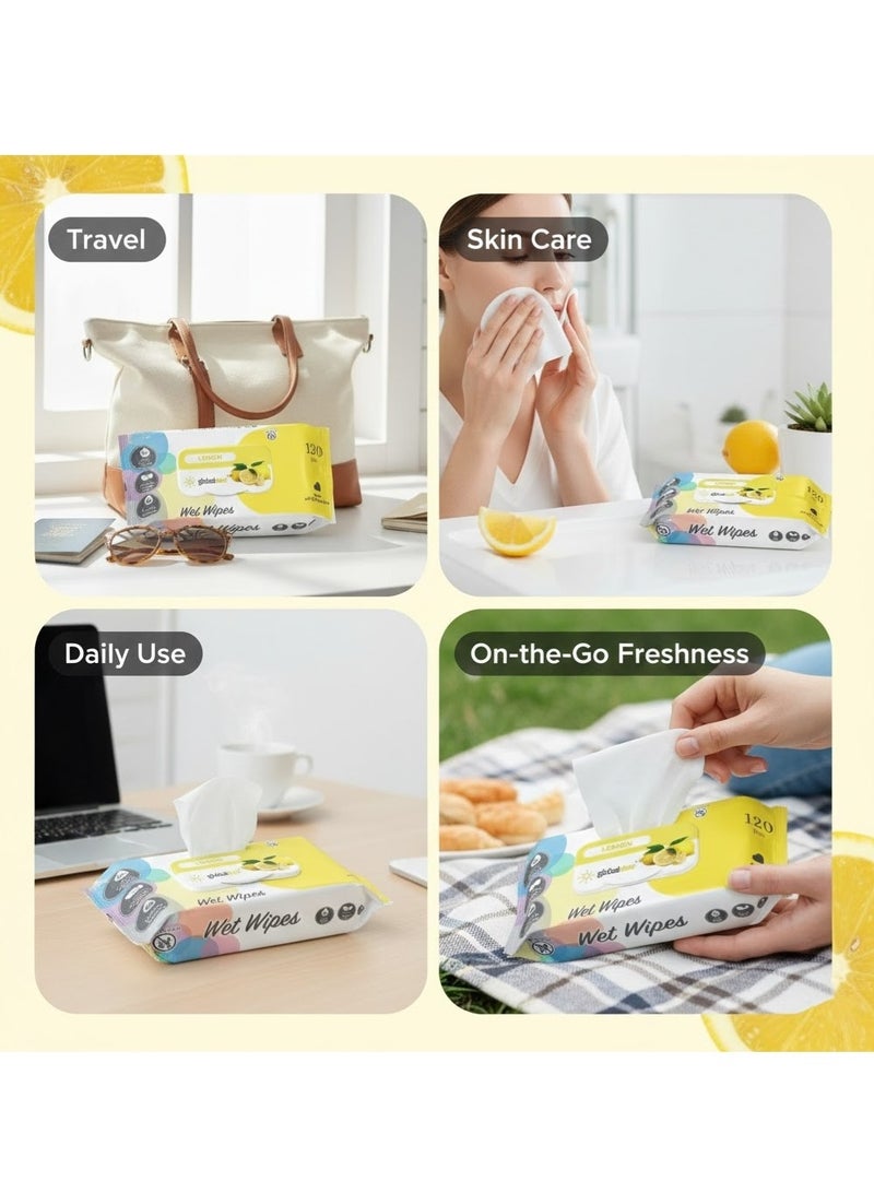 Globalstar Lemon Wet Wipes – 120pcs x 6, Alcohol-Free Moist Towelettes for Gentle Skin Care - Image 2